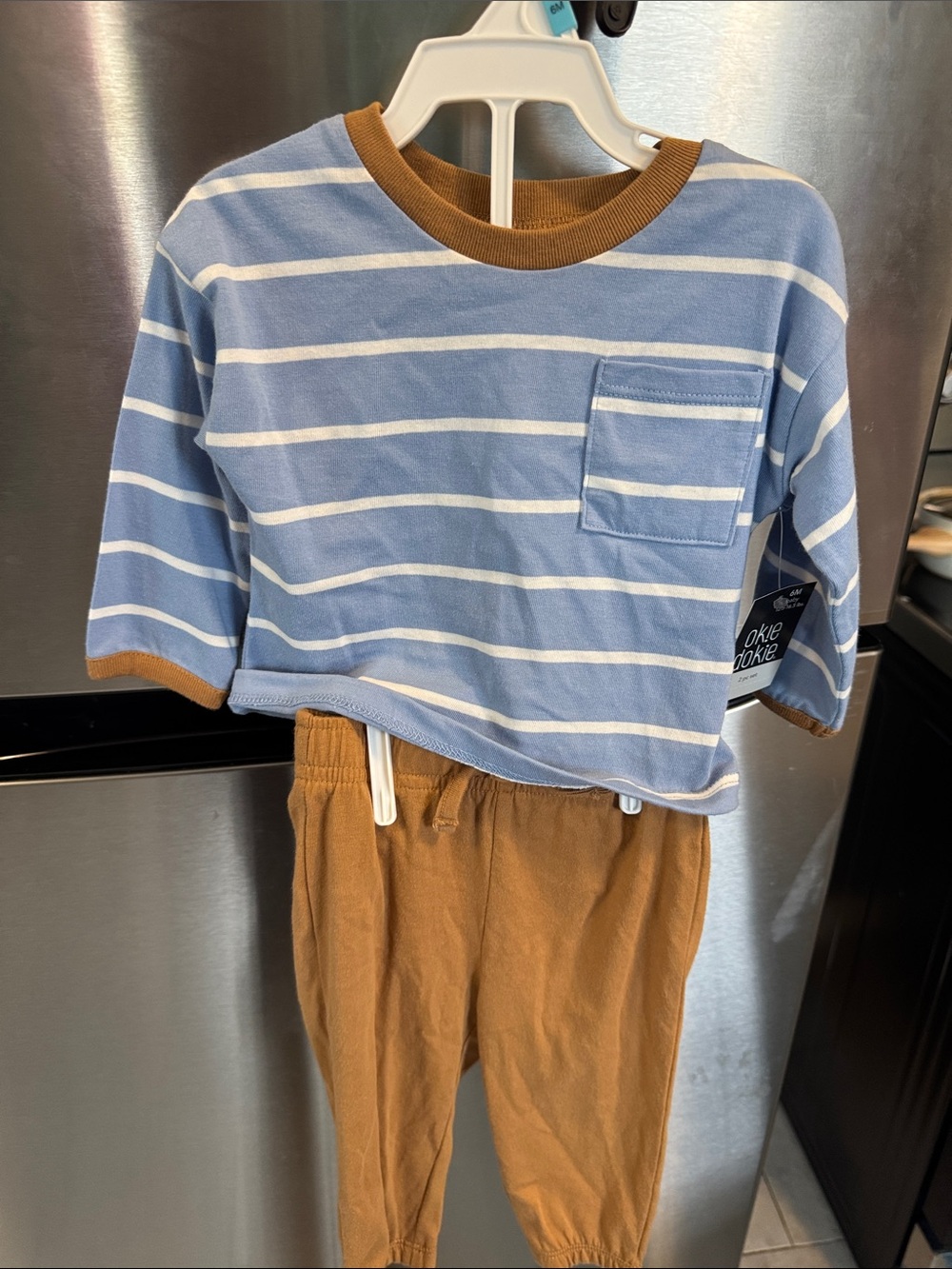 okie dokie Blue & Brown Striped Pocket Tee and Brown Joggers Set